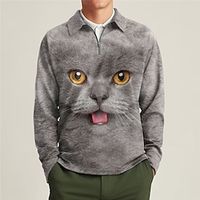 Men's Polo Shirt Golf Shirt Zip Polo Animal Cat Graphic Prints Turndown Gray Outdoor Street Long Sleeve Zipper Print Clothing Apparel Fashion Streetwear Designer Soft Lightinthebox - thumbnail