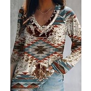 Women's T shirt Tee Red Geometric Print Long Sleeve Casual Daily Basic Ethnic V Neck Regular Geometric S Lightinthebox