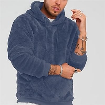 Men's Fuzzy Sherpa Pullover Hoodie Sweatshirt Khaki Gray Hooded Solid Color Sports  Outdoor Streetwear Casual Big and Tall Winter Fall Clothing Apparel Hoodies Sweatshirts  Long Sleeve / Spring miniinthebox