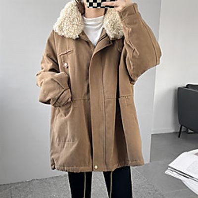 Women's Parka Street Daily Going out Fall Winter Regular Coat Regular Fit Windproof Warm Active Casual Streetwear Jacket Long Sleeve Solid Color Full Zip Fur Trim Blue Khaki Red Lightinthebox