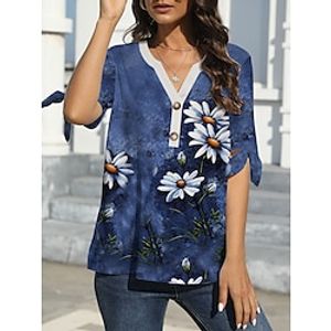 Women's T shirt Tee Floral Navy Blue Blue Purple Print Short Sleeve Daily Going out Fashion V Neck Regular Fit Summer Lightinthebox