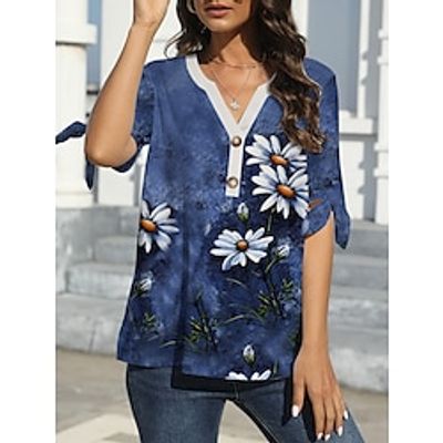 Women's T shirt Tee Floral Navy Blue Blue Purple Print Short Sleeve Daily Going out Fashion V Neck Regular Fit Summer Lightinthebox