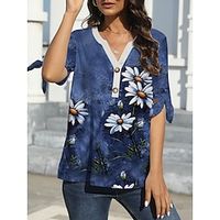 Women's T shirt Tee Floral Navy Blue Blue Purple Print Short Sleeve Daily Going out Fashion V Neck Regular Fit Summer Lightinthebox - thumbnail