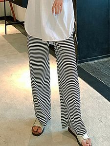 High waist loose cotton and linen stripe wide leg pants