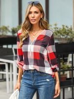 YOINS Red Plaid V-neck Adjustable Sleeve Length Sleeves Blouse - thumbnail