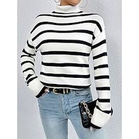 Women's Pullover Sweater Jumper Jumper Ribbed Knit Regular Patchwork Stripe Striped Turtleneck Stylish Casual Daily Going out Fall Winter black striped sweater Brown striped sweater S M L miniinthebox