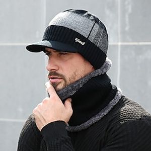 Men's Unisex Beanie Hat and Scarf Set Black Dark Navy Knitted Cycling / Bike Solid / Plain Color miniinthebox