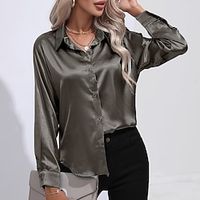Shirt Blouse Women's White Blue Brown Solid Color Button Daily Daily Basic Shirt Collar Regular Fit M  M Lightinthebox - thumbnail