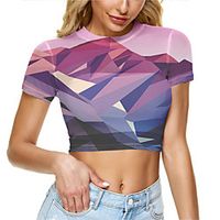 Women's Crop Tshirt Graphic Geometric Mesh Print Round Neck Tops Basic Basic Top Black Blue Purple miniinthebox - thumbnail