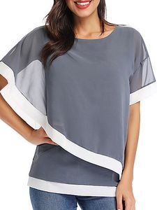 Round Neck Patchwork Short Sleeve Blouses