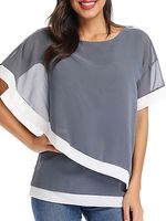 Round Neck Patchwork Short Sleeve Blouses - thumbnail