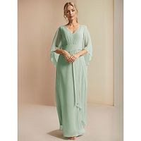 A-Line Mother of the Bride Dress Sage Wedding Guest Elegant Simple Wrap Included V Neck Floor Length Chiffon 34 Length Sleeve with Pleats Ruched Ruffles 2024 Lightinthebox