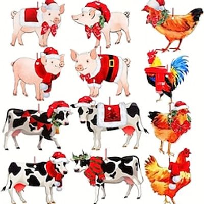 24pcs Christmas Tree Ornaments Xmas Wooden Christmas Pigs Cows And Chickens With Red Hats Hanging Decoration Pendant For Outdoor Festival Party Gift (with Rope) miniinthebox