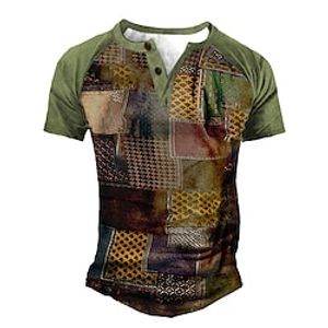 Men's Henley Shirt Tee T shirt Tee 3D Print Graphic Lattice Color Block Plus Size Henley Daily Sports Patchwork Button-Down Short Sleeve Tops Designer Basic Casual Classic Army Green  Summer Lightinthebox