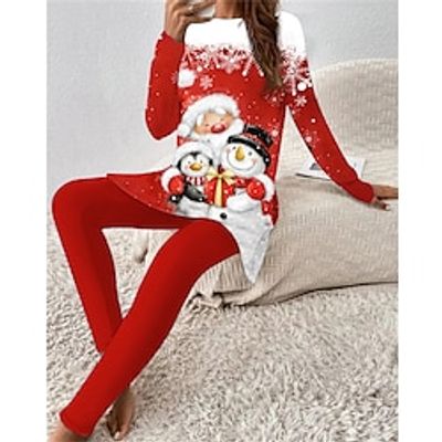 Women's T shirt Tee Pants Sets Printing Yellow Red Blue Print Long Sleeve Party Festival Fashion Christmas Round Neck Regular Fit Spring   Fall Lightinthebox