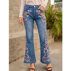 Women's Jeans Bootcut Bell Bottom Full Length Denim Embroidered Micro-elastic Mid Waist Fashion Streetwear Street Daily Dark Blue LightBlue S M Fall Winter Lightinthebox