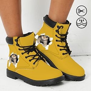 Women's Boots Print Shoes Combat Boots Animal Print Daily Cat 3D Booties Ankle Boots Winter Flat Heel Round Toe Closed Toe Fashion Casual Faux Leather Lace-up Black White Yellow miniinthebox