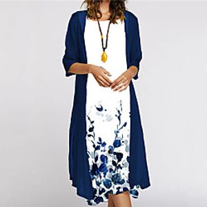 Women's Two Piece Dress Midi Dress Yellow Blushing Pink White 3/4 Length Sleeve Floral Print Fall Summer Round Neck Casual 2021 S M L XL XXL miniinthebox