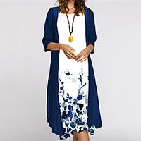 Women's Two Piece Dress Midi Dress Yellow Blushing Pink White 3/4 Length Sleeve Floral Print Fall Summer Round Neck Casual 2021 S M L XL XXL miniinthebox - thumbnail