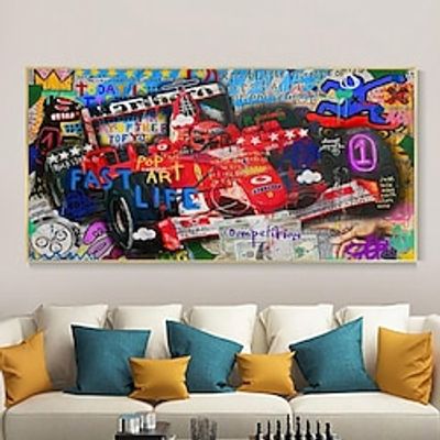 Wall Art Canvas Handmade Colorful Pop Art Canvas Handpainted Graffiti Urban Art Car Art Banksy Canvas Extra Large Wall Art Modern Rolled Canvas (No Frame) miniinthebox