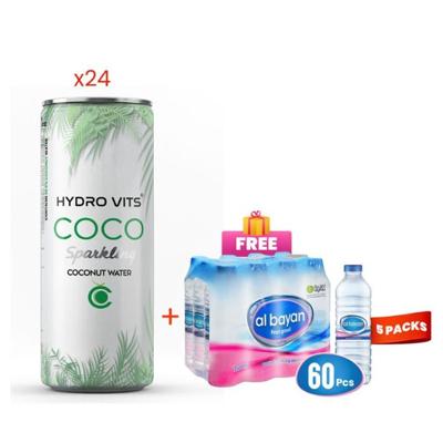 Hydro Vits Coconut Sparkling Water 320Ml Pack of 24 + Free Al Bayan Water 500ML Pack of 12 (x5)