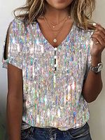 V-neck Casual Loose Sequin Print Short-sleeved T-shirt