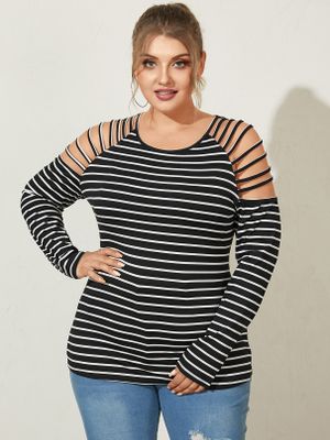YOINS Plus Size Crew Neck Striped Cut Out Long Sleeves Tee YOINS Plus Size Crew Neck Striped Cut Out Long Sleeves Tee
