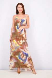 Womens Sleeveless Allover Print V-Neck Dress  Brown Combo