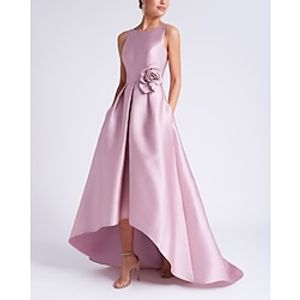 A-Line Cocktail Dresses Elegant Dress Formal Wedding Guest Floor Length Sleeveless Boat Neck Pink Dress Satin with Pocket 2024 Lightinthebox