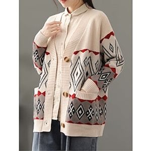 Women's Cardigan Sweater Jumper Ribbed Knit Regular Patchwork Button Geometric V Neck Stylish Casual Daily Going out Fall Winter off white Blue One-Size miniinthebox
