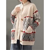 Women's Cardigan Sweater Jumper Ribbed Knit Regular Patchwork Button Geometric V Neck Stylish Casual Daily Going out Fall Winter off white Blue One-Size miniinthebox - thumbnail