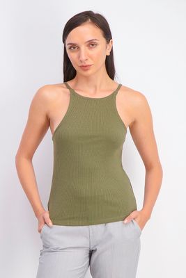 Womens Ribbed Halter Neckline Sleeveless Top Green Womens Ribbed Halter Neckline Sleeveless Top Green