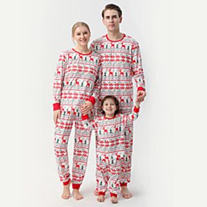 Family Look Christmas Pajamas Deer Christmas Tree Print White Long Sleeve Daily Matching Outfits miniinthebox