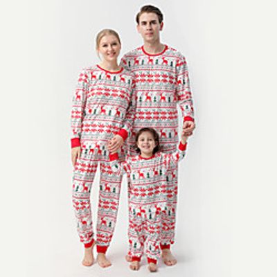 Family Look Christmas Pajamas Deer Christmas Tree Print White Long Sleeve Daily Matching Outfits miniinthebox
