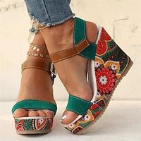 Women's Sandals Wedge Sandals Outdoor Daily Beach Summer Bowknot Satin Flower Lace Wedge Heel Elegant Casual Faux Leather Buckle Floral Plaid Damask Black Red Green Lightinthebox