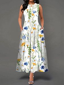 Casual Floral Print Crew Neck Sleeveless Maxi Dress