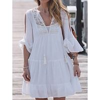 Women's White Dress Lace Dress Summer Dress Mini Dress Lace Patchwork Street Holiday Date Streetwear Basic V Neck 34 Length Sleeve Loose Fit White Color One-Size Size Lightinthebox