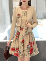 Round Neck Floral Printed Two-Piece Skater Dress - thumbnail