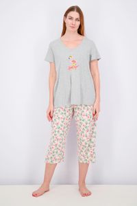 Womens Flamingo Embroidered Top and Drawstring Pants Pyjama Set  Grey/Pink
