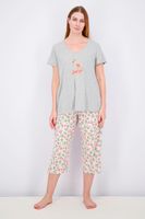 Womens Flamingo Embroidered Top and Drawstring Pants Pyjama Set  Grey/Pink - thumbnail
