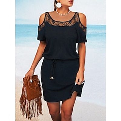 Women's Casual Dress Lace Dress Summer Dress Plain Lace Drawstring Crew Neck Mini Dress Basic Modern Outdoor Daily Short Sleeve Loose Fit Black Summer Spring S M L XL XXL Lightinthebox