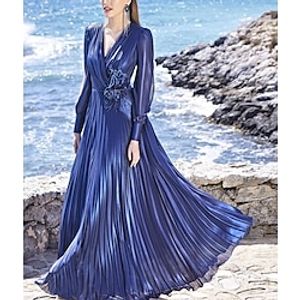 A-Line Evening Gown Flying Dress Dress Formal Court Train Long Sleeve V Neck Lurex Fabric with Pleats 2023 Lightinthebox