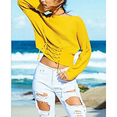 Women's Pullover Sweater Lace up Solid Color Stylish Casual Long Sleeve Loose Sweater Cardigans Crew Neck Fall Winter Yellow khaki White Lightinthebox
