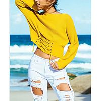 Women's Pullover Sweater Lace up Solid Color Stylish Casual Long Sleeve Loose Sweater Cardigans Crew Neck Fall Winter Yellow khaki White Lightinthebox - thumbnail