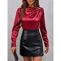 Women's Shirt Blouse Satin Plain Wine Long Sleeve Work Fashion Modern Round Neck Regular Fit Spring Lightinthebox - thumbnail
