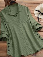 Women's Button Cotton And Linen Pocket Striped Long-sleeved Long Shirt - thumbnail