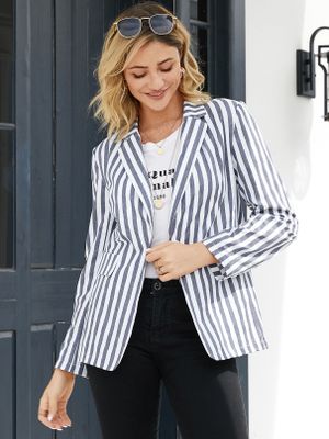 YOINS White Striped Notch Collar Long Sleeves Blazer YOINS White Striped Notch Collar Long Sleeves Blazer