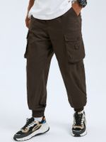 Men Fashion 100% Cotton Plain Multi-Pocket Button Fly Cargo Pants - thumbnail