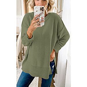 Women's Pullover Sweater Split Solid Color Classical Casual Long Sleeve Loose Sweater Cardigans Round Neck Fall Winter Grey khaki Green Lightinthebox