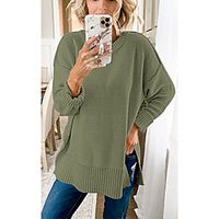 Women's Pullover Sweater Split Solid Color Classical Casual Long Sleeve Loose Sweater Cardigans Round Neck Fall Winter Grey khaki Green Lightinthebox - thumbnail
